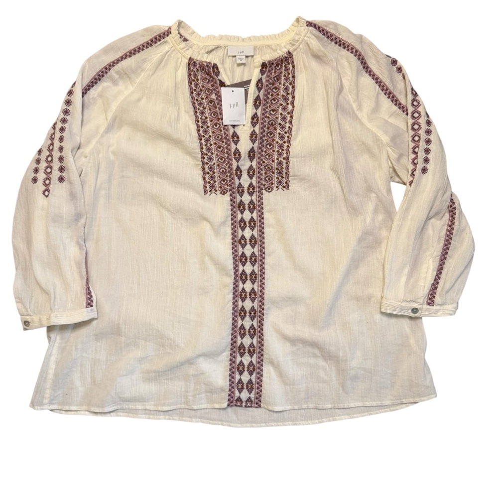 NEW J.Jill Cream Cotton Gauze Embroidery Boho Tunic Top Relaxed Fit Size XL